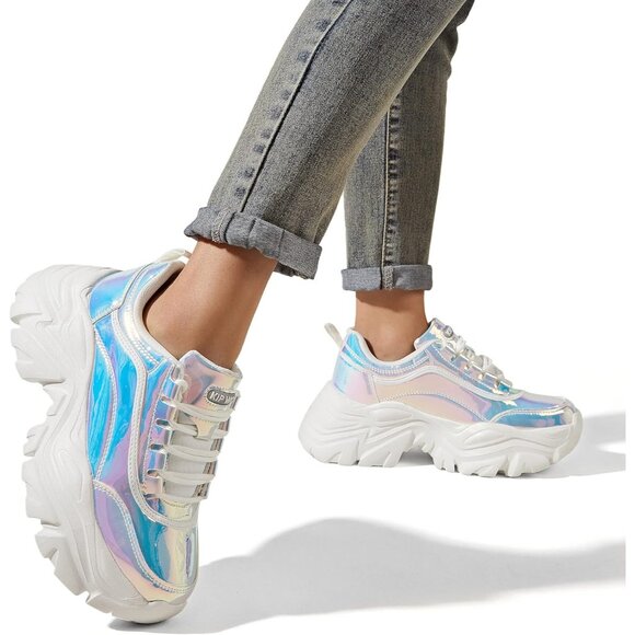 Brand New Women White Hologram Rubber LUCKY STEP Chunky Platform Sneakers - Picture 7 of 7